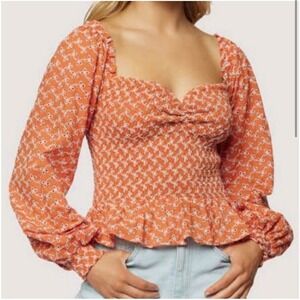 Lost Wander Smocked Top Eyelet‎ Long Sleeve Sweetheart Neck Blouse Size S